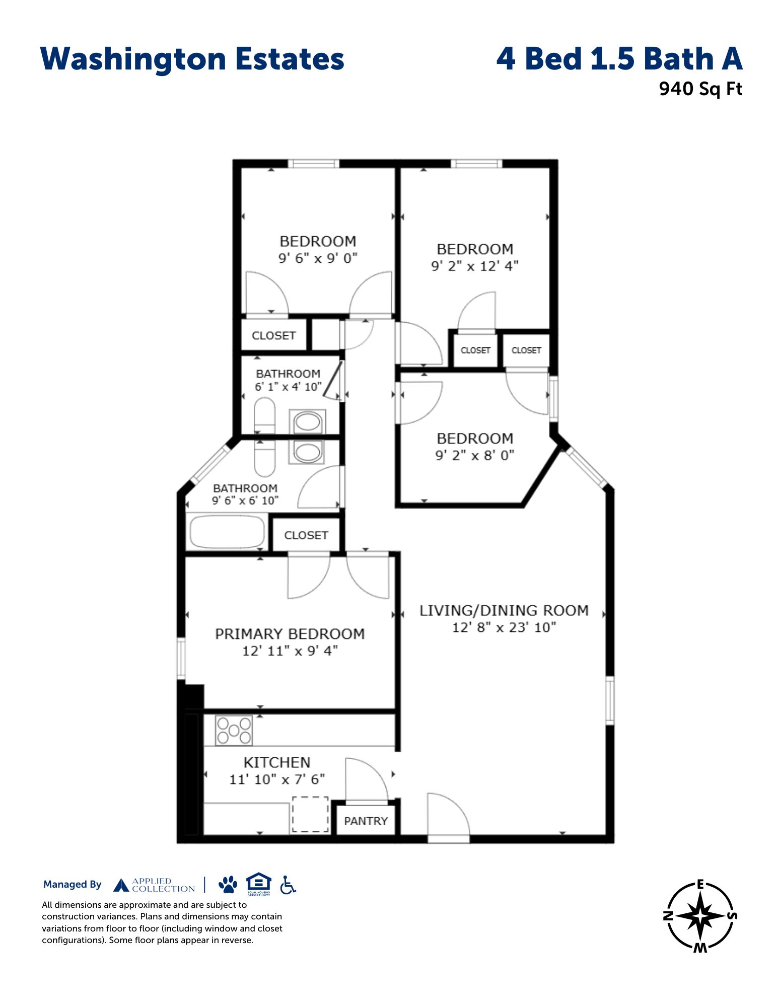 Floor plan for 4 beds, 1.5 baths, 940 sqft